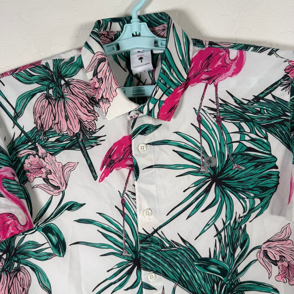 Puma Palm Tree Crew Golf Shirt Mens Medium White Flamingo Tropical Floral